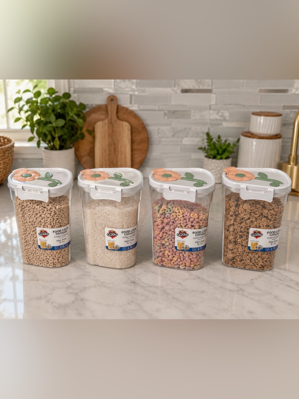 Fresh Guard 81.2 oz Airtight Clear Food Storage Container with Floral White Lid